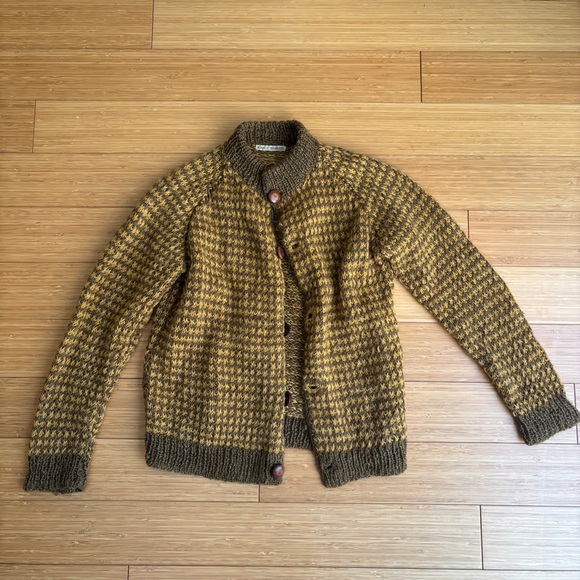 Sweaters - Vintage hand knit brown and mustard cardigan sweater